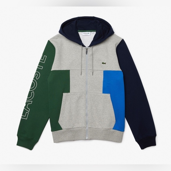 Lacoste Men’s Color-block Zippered Fleece Hoodie Sweatshirt size 4XL Green Blue - Picture 2 of 9